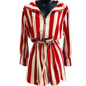 Anne Fernandes Red White Striped Zip Front Rope Belt Hooded Mini Dress P